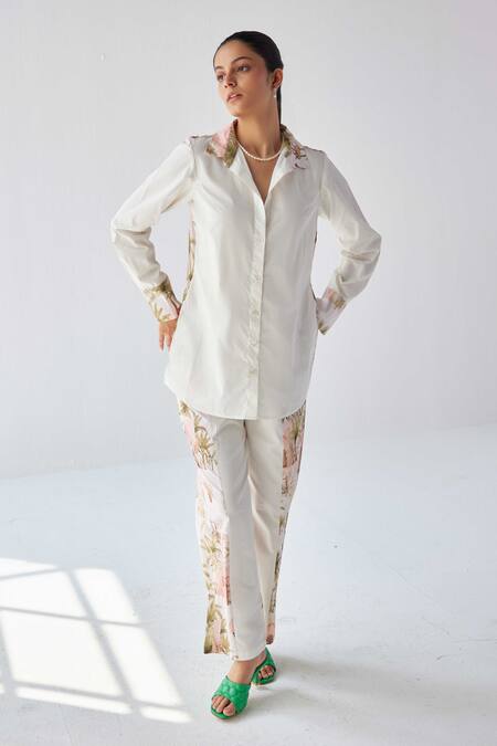 Buy Label Kheerganga White Viscose, Crepe Collared Historical Autumn Print Shirt With Pant Online at Aza Fashions Buy_Label Kheerganga_White Viscose, Crepe Collared Historical Autumn Print Shirt With Pant _Online_at_Aza_Fashions