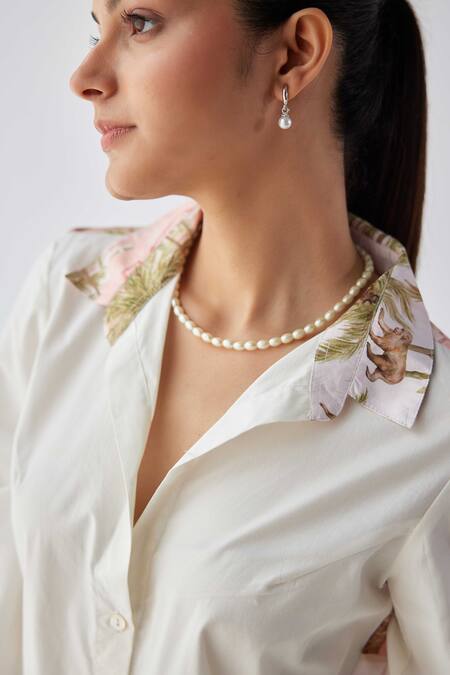 Shop Label Kheerganga White Viscose, Crepe Collared Historical Autumn Print Shirt With Pant Online at Aza Fashions Shop_Label Kheerganga_White Viscose, Crepe Collared Historical Autumn Print Shirt With Pant _Online_at_Aza_Fashions