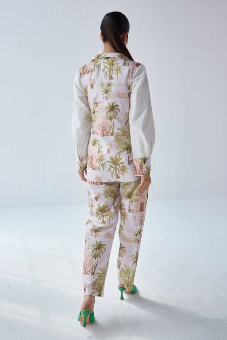 Label Kheerganga White Viscose, Crepe Collared Historical Autumn Print Shirt With Pant at Aza Fashions Label Kheerganga_White Viscose, Crepe Collared Historical Autumn Print Shirt With Pant _at_Aza_Fashions