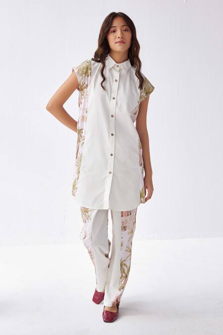 Label Kheerganga White Viscose Collared Historical Autumn Print Long Shirt With Pant
