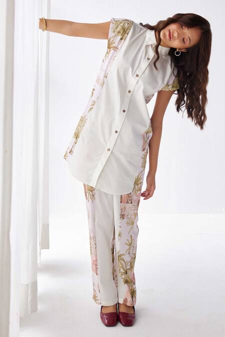Buy_Label Kheerganga_White Viscose Collared Historical Autumn Print Long Shirt With Pant _Online_at_Aza_Fashions