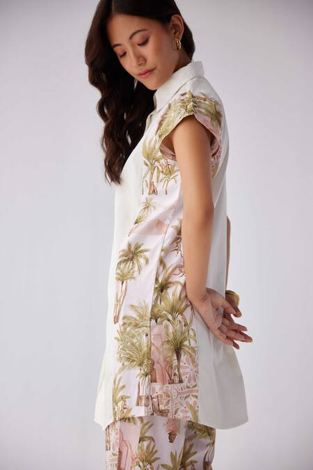 Shop_Label Kheerganga_White Viscose Collared Historical Autumn Print Long Shirt With Pant _Online_at_Aza_Fashions
