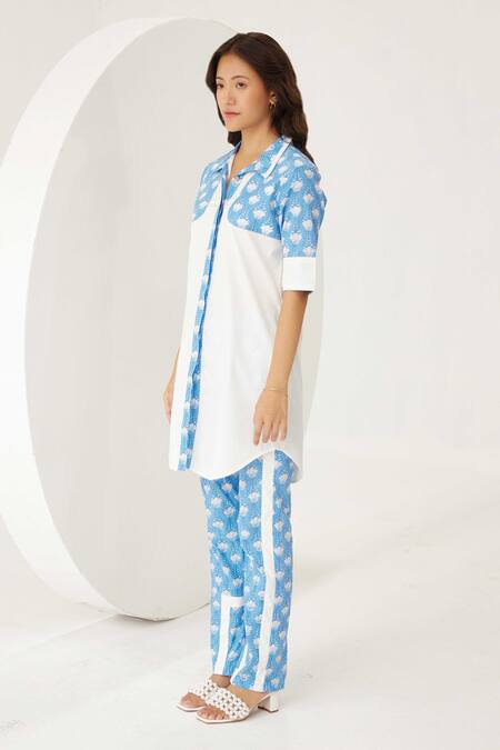 Label Kheerganga_White Viscose Collared Floral Print Yoke Shirt With Pant _Online_at_Aza_Fashions