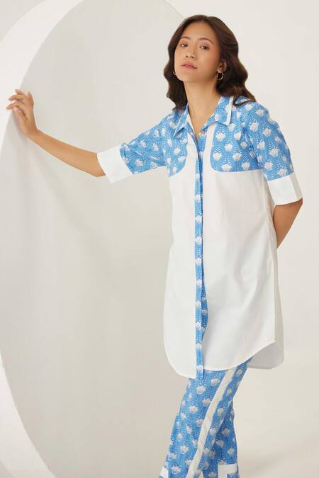 Buy_Label Kheerganga_White Viscose Collared Floral Print Yoke Shirt With Pant _Online_at_Aza_Fashions