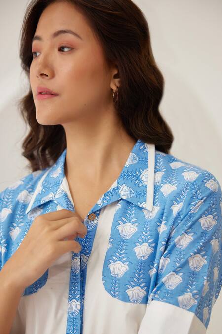 Label Kheerganga_White Viscose Collared Floral Print Yoke Shirt With Pant _at_Aza_Fashions