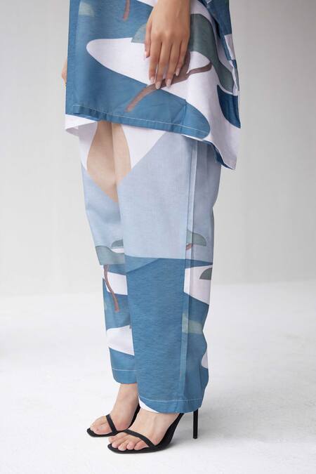 Label Kheerganga_White Viscose, Crepe Mandarin Abstract Mountain Print Kaftan Top With Pant _Online_at_Aza_Fashions