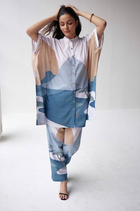 Shop_Label Kheerganga_White Viscose, Crepe Mandarin Abstract Mountain Print Kaftan Top With Pant _Online_at_Aza_Fashions
