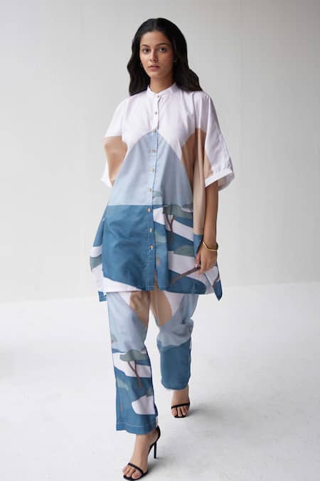 Buy_Label Kheerganga_White Viscose, Crepe Mandarin Abstract Mountain Print Kaftan Top With Pant 