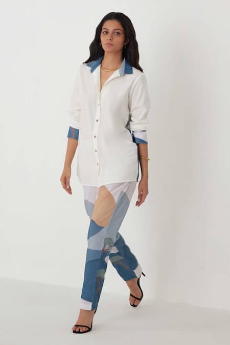 Label Kheerganga_White Viscose, Crepe Collared Abstract Scenery Print Shirt With Pant _Online_at_Aza_Fashions
