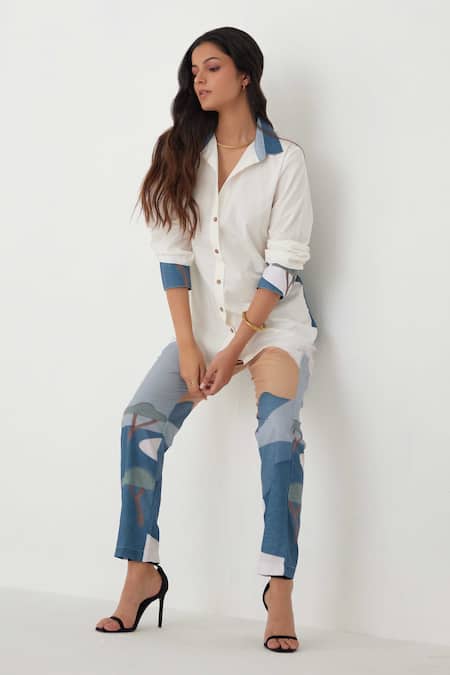 Buy_Label Kheerganga_White Viscose, Crepe Collared Abstract Scenery Print Shirt With Pant _Online_at_Aza_Fashions