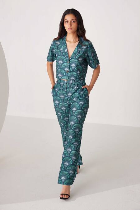 Label Kheerganga_Green Viscose, Crepe Collared Forest Fern Print Shirt With Pant _Online_at_Aza_Fashions