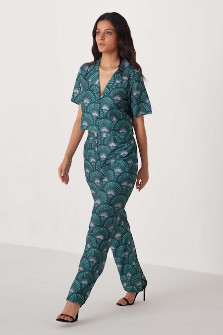Buy_Label Kheerganga_Green Viscose, Crepe Collared Forest Fern Print Shirt With Pant _Online_at_Aza_Fashions