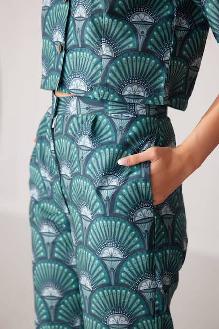 Shop_Label Kheerganga_Green Viscose, Crepe Collared Forest Fern Print Shirt With Pant _Online_at_Aza_Fashions