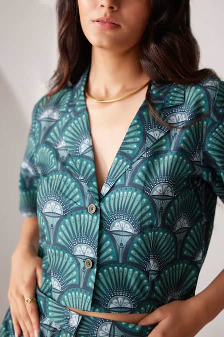 Label Kheerganga_Green Viscose, Crepe Collared Forest Fern Print Shirt With Pant _at_Aza_Fashions