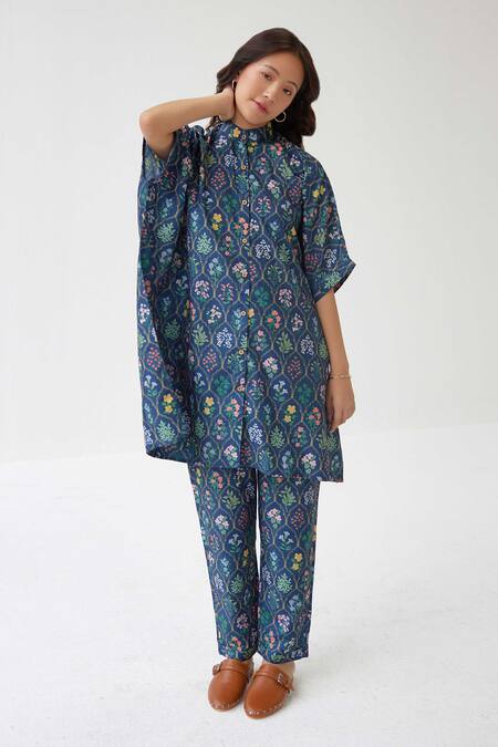 Label Kheerganga_Blue Viscose Embroidery Collared Mughal Floral Print Long Top With Pant _Online_at_Aza_Fashions