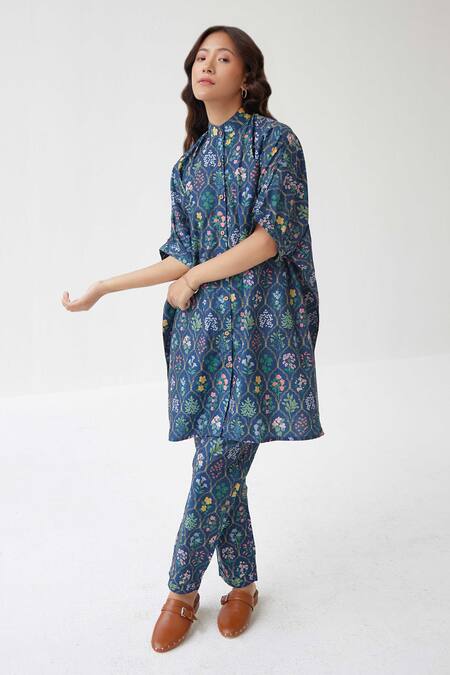 Buy_Label Kheerganga_Blue Viscose Embroidery Collared Mughal Floral Print Long Top With Pant _Online_at_Aza_Fashions