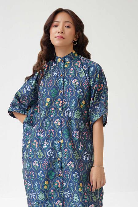 Shop_Label Kheerganga_Blue Viscose Embroidery Collared Mughal Floral Print Long Top With Pant _Online_at_Aza_Fashions