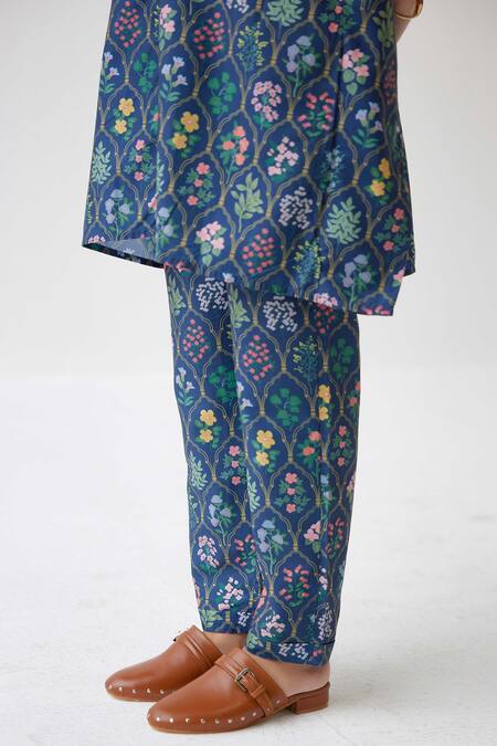 Label Kheerganga_Blue Viscose Embroidery Collared Mughal Floral Print Long Top With Pant _at_Aza_Fashions