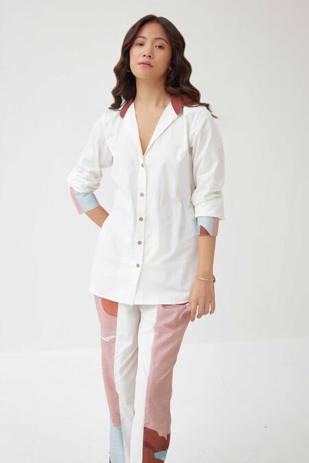 Label Kheerganga_White Viscose Collared Placement Mountain Valley Print Shirt With Pant _Online_at_Aza_Fashions
