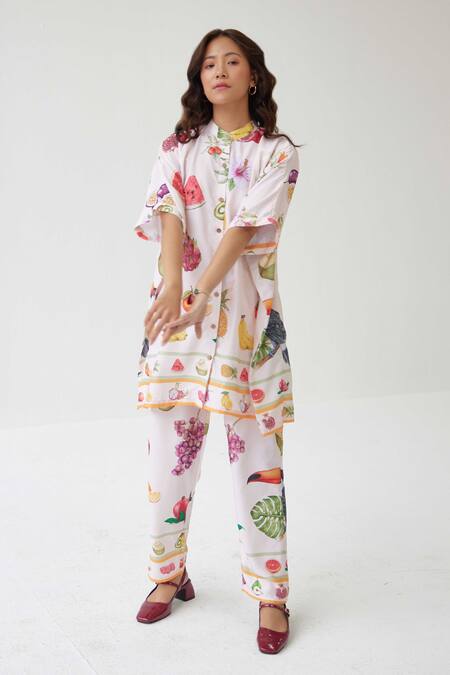 Label Kheerganga_Cream Viscose Collared Pina Colada Theme Print Kaftan Top With Pant _Online_at_Aza_Fashions