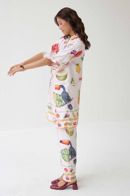 Buy_Label Kheerganga_Cream Viscose Collared Pina Colada Theme Print Kaftan Top With Pant _Online_at_Aza_Fashions