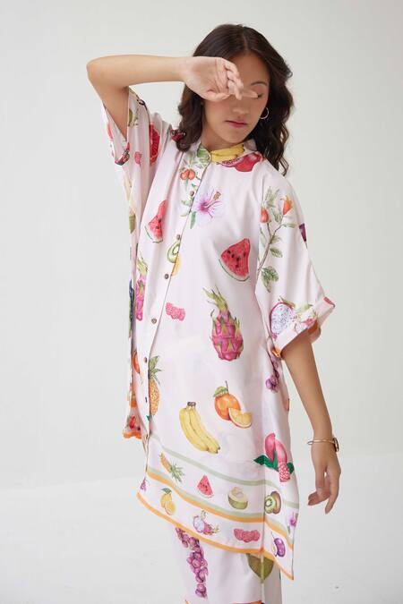 Shop_Label Kheerganga_Cream Viscose Collared Pina Colada Theme Print Kaftan Top With Pant _Online_at_Aza_Fashions