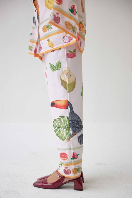 Label Kheerganga_Cream Viscose Collared Pina Colada Theme Print Kaftan Top With Pant _at_Aza_Fashions