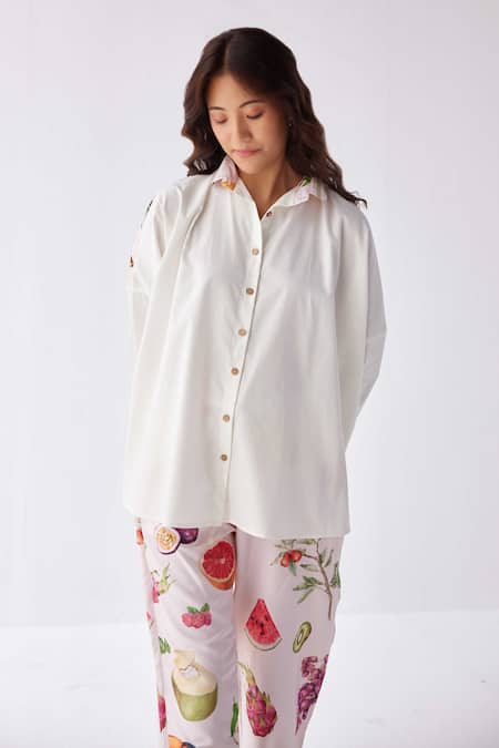 Label Kheerganga_Cream Viscose, Crepe Collared Placement Pina Colada Print Shirt With Pant _Online_at_Aza_Fashions