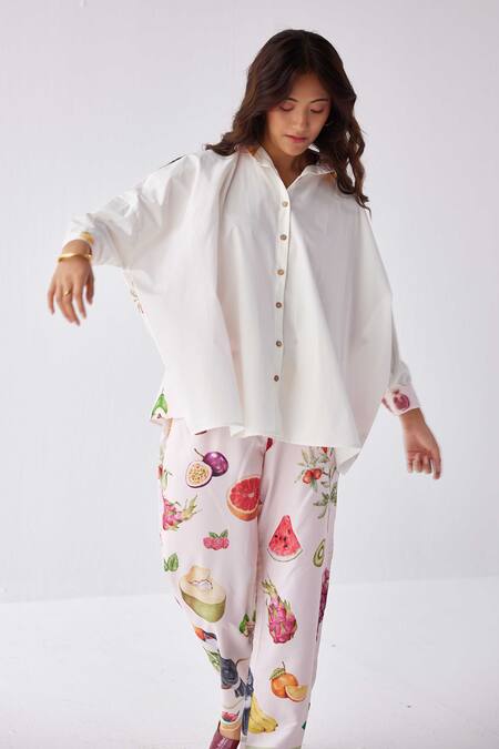 Buy_Label Kheerganga_Cream Viscose, Crepe Collared Placement Pina Colada Print Shirt With Pant _Online_at_Aza_Fashions