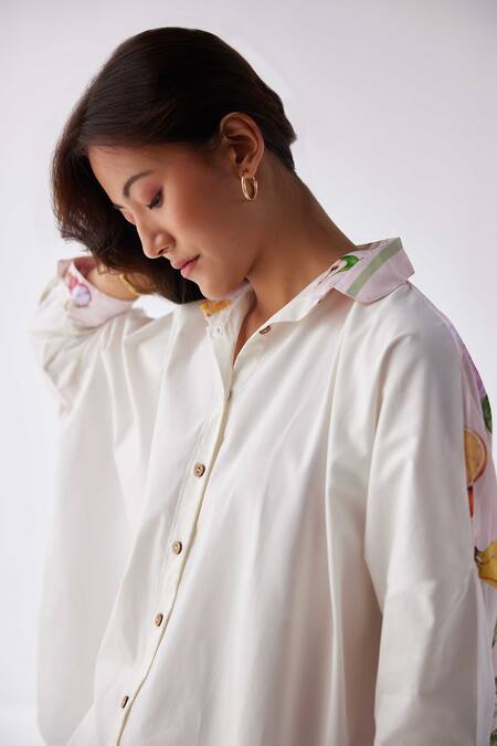 Shop_Label Kheerganga_Cream Viscose, Crepe Collared Placement Pina Colada Print Shirt With Pant _Online_at_Aza_Fashions
