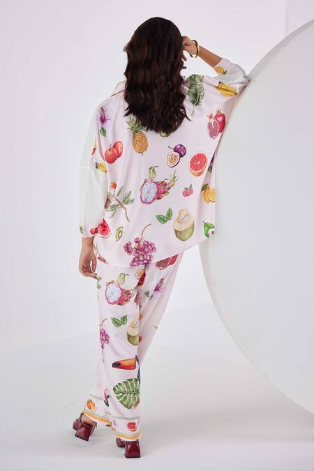 Label Kheerganga_Cream Viscose, Crepe Collared Placement Pina Colada Print Shirt With Pant _at_Aza_Fashions