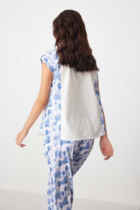 Label Kheerganga_White Viscose, Crepe Collared Riverstone Panel Print Shirt With Pant _Online_at_Aza_Fashions