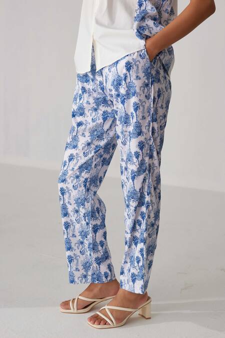 Buy_Label Kheerganga_White Viscose, Crepe Collared Riverstone Panel Print Shirt With Pant _Online_at_Aza_Fashions