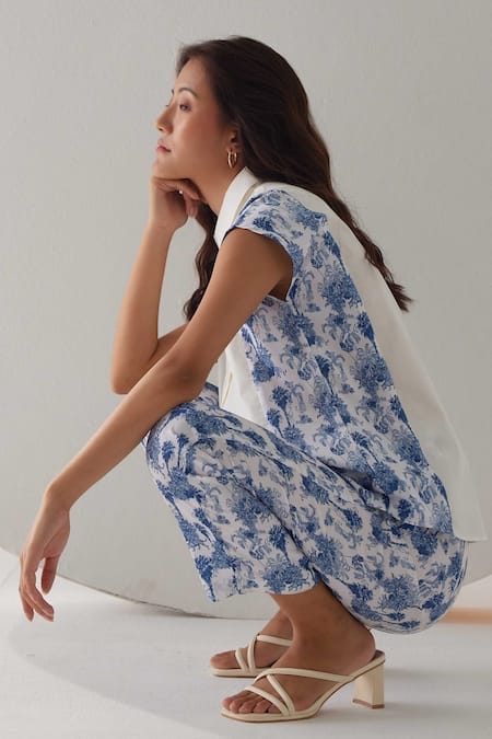 Shop_Label Kheerganga_White Viscose, Crepe Collared Riverstone Panel Print Shirt With Pant _Online_at_Aza_Fashions