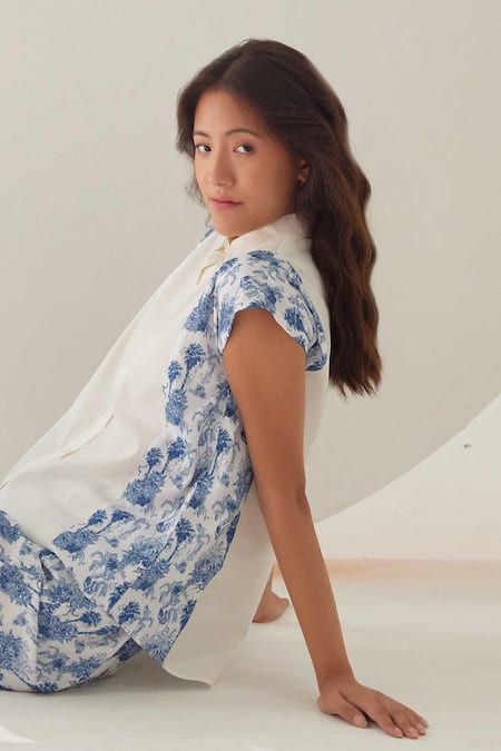 Label Kheerganga_White Viscose, Crepe Collared Riverstone Panel Print Shirt With Pant _at_Aza_Fashions