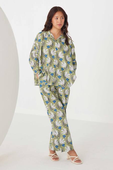 Label Kheerganga_Green Viscose Collared Tulip Bloom Print Shirt With Pant _Online_at_Aza_Fashions