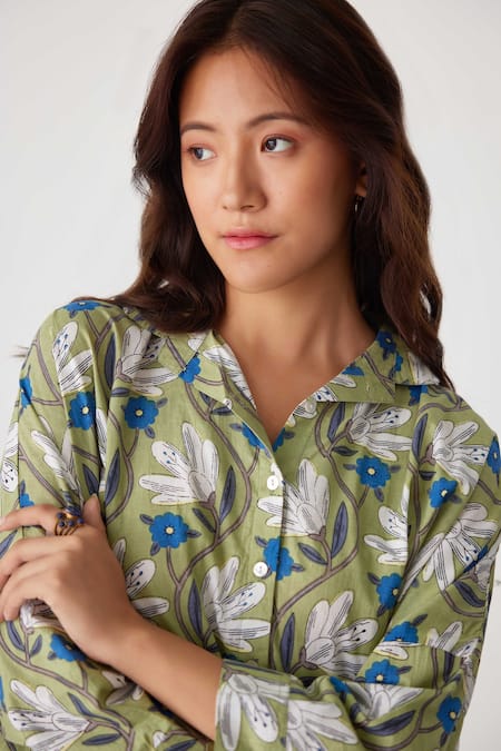 Buy_Label Kheerganga_Green Viscose Collared Tulip Bloom Print Shirt With Pant _Online_at_Aza_Fashions