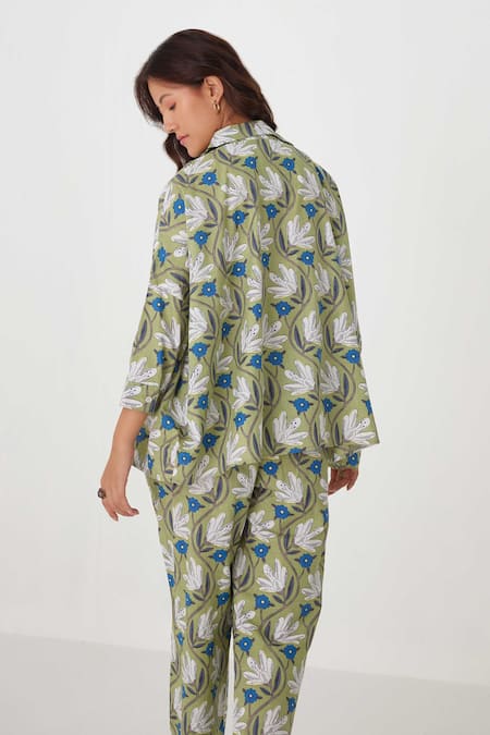 Label Kheerganga_Green Viscose Collared Tulip Bloom Print Shirt With Pant _at_Aza_Fashions