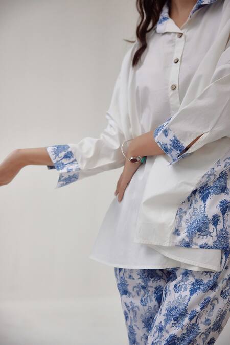 Label Kheerganga_White Viscose, Crepe Collared Placement Riverstone Print Shirt With Pant _Online_at_Aza_Fashions