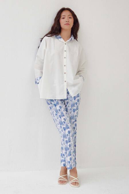 Buy_Label Kheerganga_White Viscose, Crepe Collared Placement Riverstone Print Shirt With Pant _Online_at_Aza_Fashions