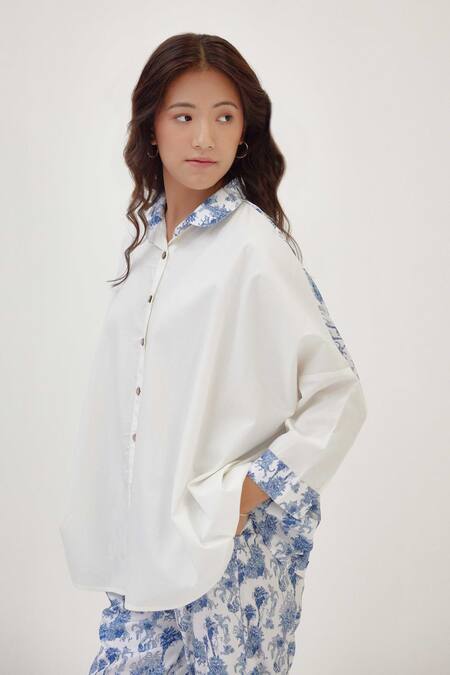 Shop_Label Kheerganga_White Viscose, Crepe Collared Placement Riverstone Print Shirt With Pant _Online_at_Aza_Fashions