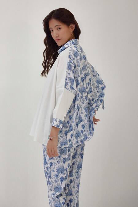 Label Kheerganga_White Viscose, Crepe Collared Placement Riverstone Print Shirt With Pant _at_Aza_Fashions