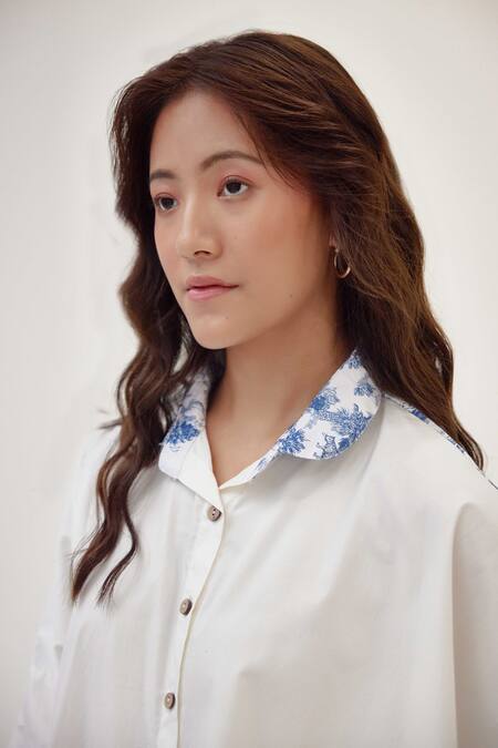 Buy_Label Kheerganga_White Viscose, Crepe Collared Placement Riverstone Print Shirt With Pant 