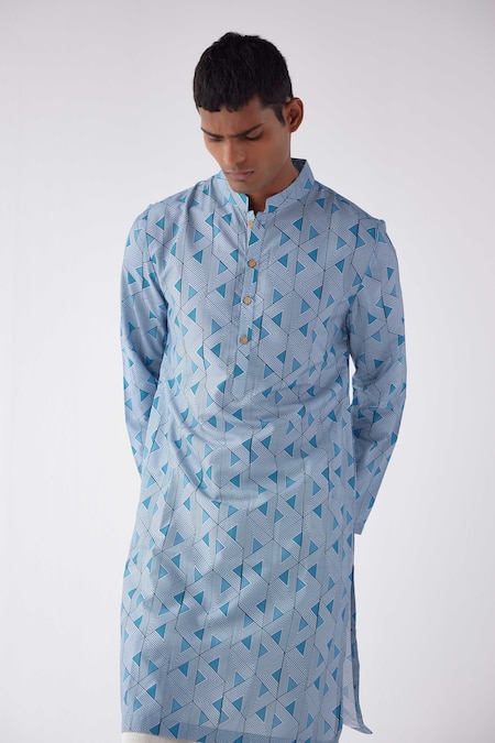 Label Kheerganga_Blue Viscose Aztec Geometric Print Kurta _Online_at_Aza_Fashions