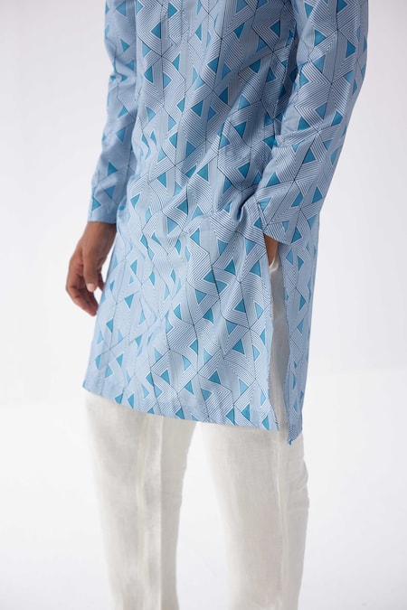 Shop_Label Kheerganga_Blue Viscose Aztec Geometric Print Kurta _Online_at_Aza_Fashions