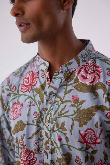 Label Kheerganga_Blue Cotton Printed Floral-leaves Floral Kurta  _Online_at_Aza_Fashions