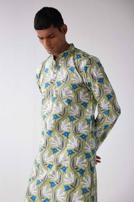 Shop_Label Kheerganga_Green Viscose Crepe Printed Tulip Flower Kurta _Online_at_Aza_Fashions