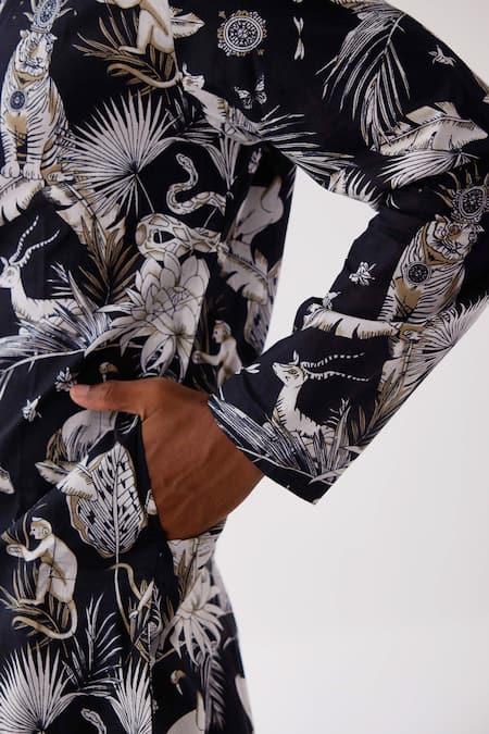 Label Kheerganga_Black Viscose Crepe Printed Kazi Ranga Jungle Kurta  _Online_at_Aza_Fashions