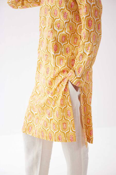 Label Kheerganga Yellow Cotton Embroidery Floral Print Kurta Online at Aza Fashions Label Kheerganga_Yellow Cotton Embroidery Floral Print Kurta _Online_at_Aza_Fashions