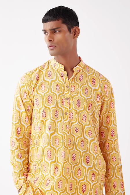 Shop Label Kheerganga Yellow Cotton Embroidery Floral Print Kurta Online at Aza Fashions Shop_Label Kheerganga_Yellow Cotton Embroidery Floral Print Kurta _Online_at_Aza_Fashions